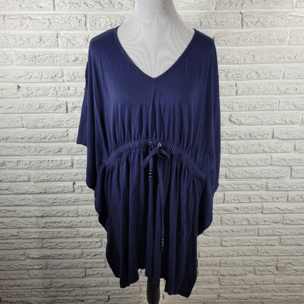 Swim 365 1X Womens Blue Kimono Sleeve Swimsuit Coverup Cotton Drawstring BLU19E